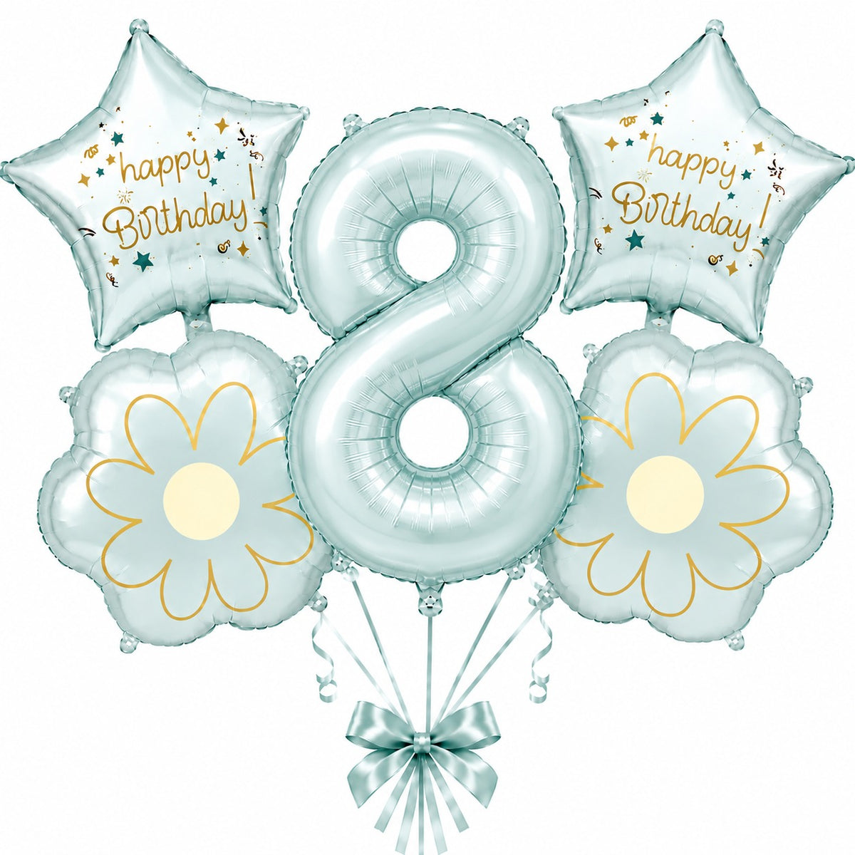 Blue Number 8 Foil Balloon Set - 5PC | Eighth Birthday Balloon with 2 Flower & 2 Star Balloons