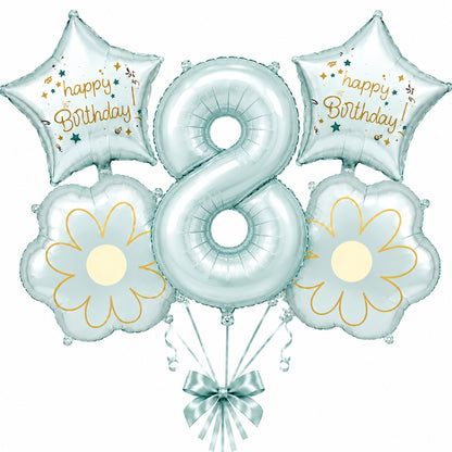 Blue Number 8 Foil Balloon Set - 5PC | Eighth Birthday Balloon with 2 Flower & 2 Star Balloons