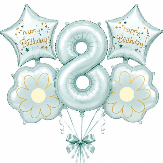 Blue Number 8 Foil Balloon Set - 5PC | Eighth Birthday Balloon with 2 Flower & 2 Star Balloons