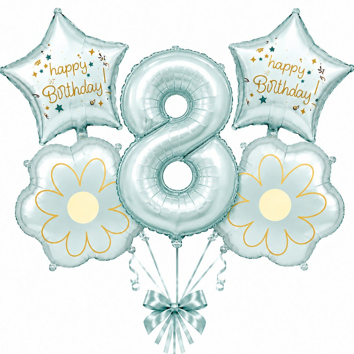 Blue Number 8 Foil Balloon Set - 5PC | Eighth Birthday Balloon with 2 Flower & 2 Star Balloons