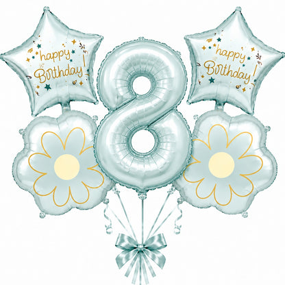 Blue Number 8 Foil Balloon Set - 5PC | Eighth Birthday Balloon with 2 Flower & 2 Star Balloons