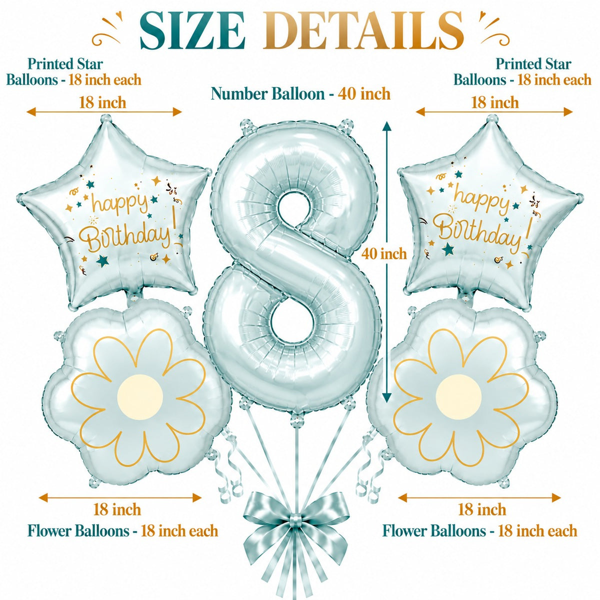 Blue Number 8 Foil Balloon Set - 5PC | Eighth Birthday Balloon with 2 Flower & 2 Star Balloons