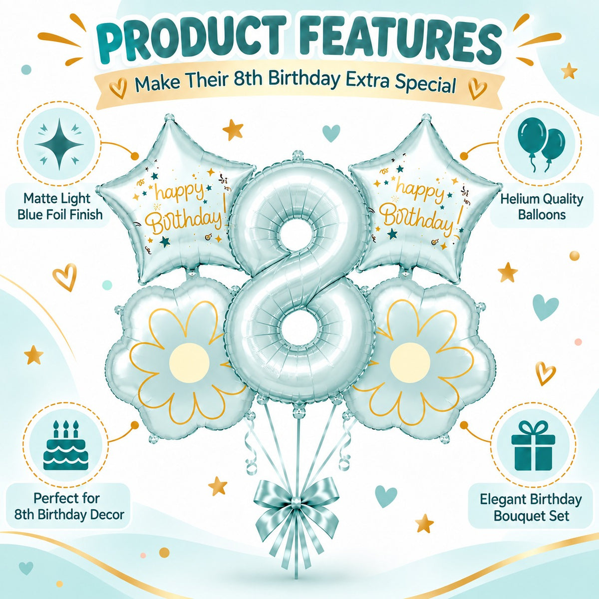 Blue Number 8 Foil Balloon Set - 5PC | Eighth Birthday Balloon with 2 Flower & 2 Star Balloons