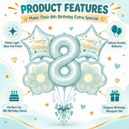 Blue Number 8 Foil Balloon Set - 5PC | Eighth Birthday Balloon with 2 Flower & 2 Star Balloons