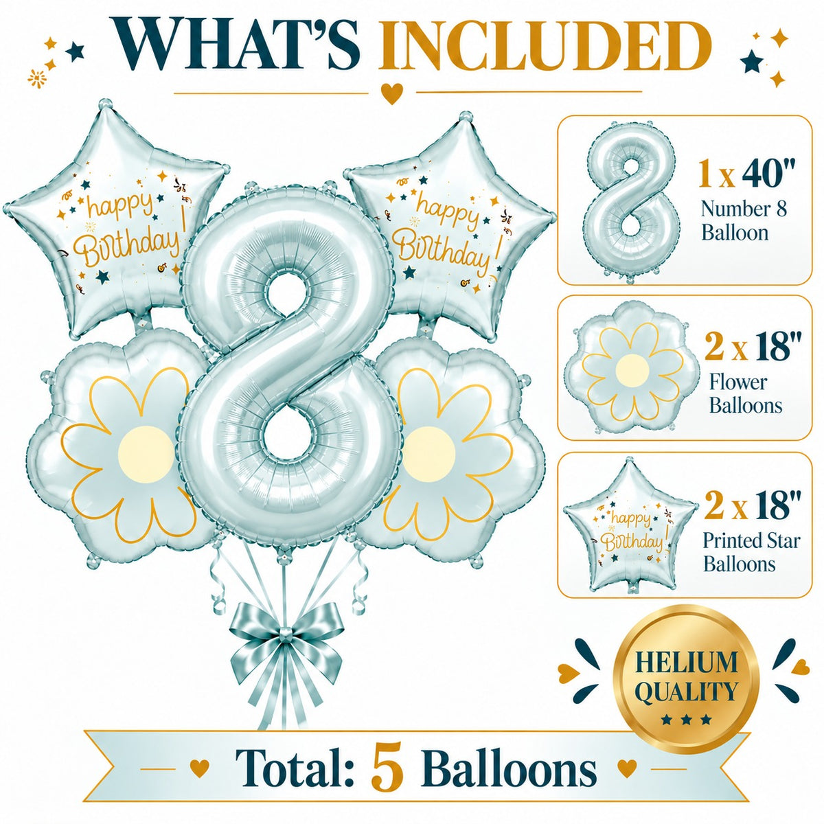 Blue Number 8 Foil Balloon Set - 5PC | Eighth Birthday Balloon with 2 Flower & 2 Star Balloons