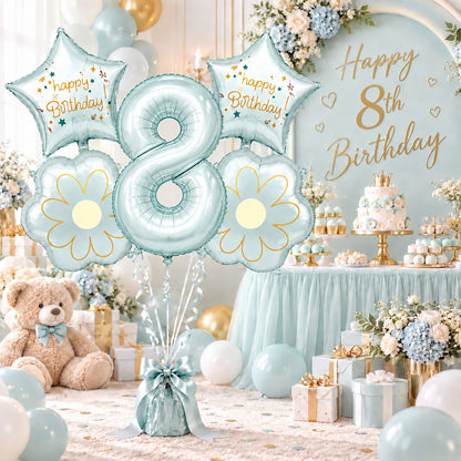 Blue Number 8 Foil Balloon Set - 5PC | Eighth Birthday Balloon with 2 Flower & 2 Star Balloons