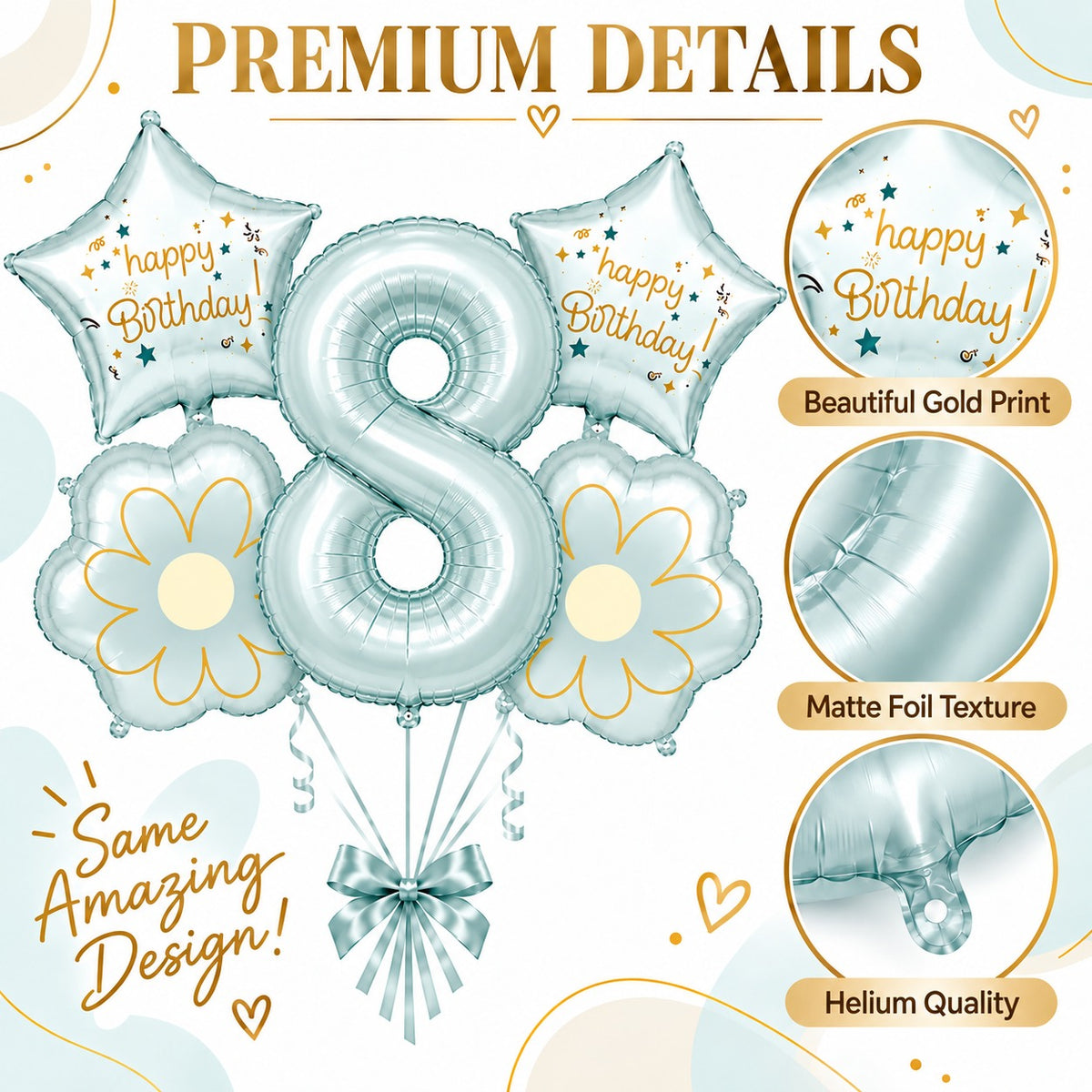Blue Number 8 Foil Balloon Set - 5PC | Eighth Birthday Balloon with 2 Flower & 2 Star Balloons