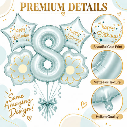 Blue Number 8 Foil Balloon Set - 5PC | Eighth Birthday Balloon with 2 Flower & 2 Star Balloons