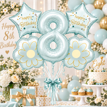 Blue Number 8 Foil Balloon Set - 5PC | Eighth Birthday Balloon with 2 Flower & 2 Star Balloons