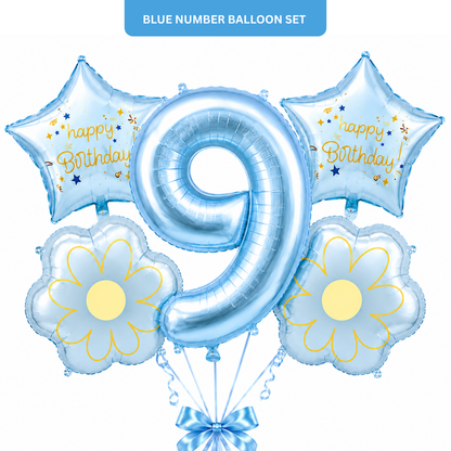 Blue Number 9 Foil Balloon Set - 5PC | Ninth Birthday Balloon with 2 Flower & 2 Star Balloons
