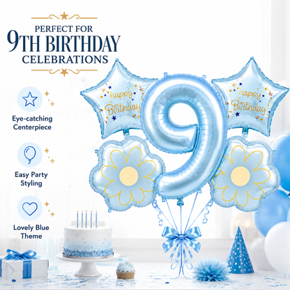 Blue Number 9 Foil Balloon Set - 5PC | Ninth Birthday Balloon with 2 Flower & 2 Star Balloons