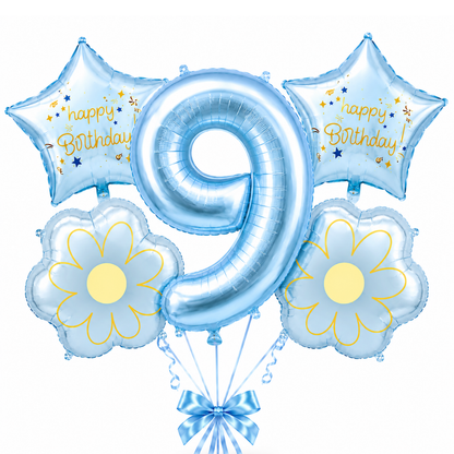 Blue Number 9 Foil Balloon Set - 5PC | Ninth Birthday Balloon with 2 Flower & 2 Star Balloons