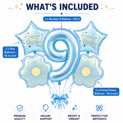Blue Number 9 Foil Balloon Set - 5PC | Ninth Birthday Balloon with 2 Flower & 2 Star Balloons