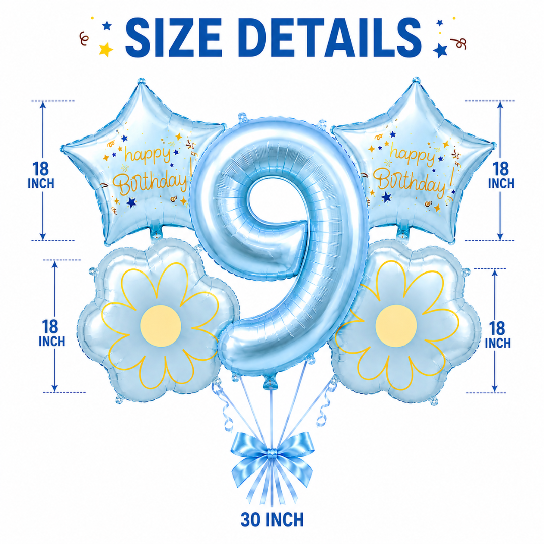 Blue Number 9 Foil Balloon Set - 5PC | Ninth Birthday Balloon with 2 Flower & 2 Star Balloons