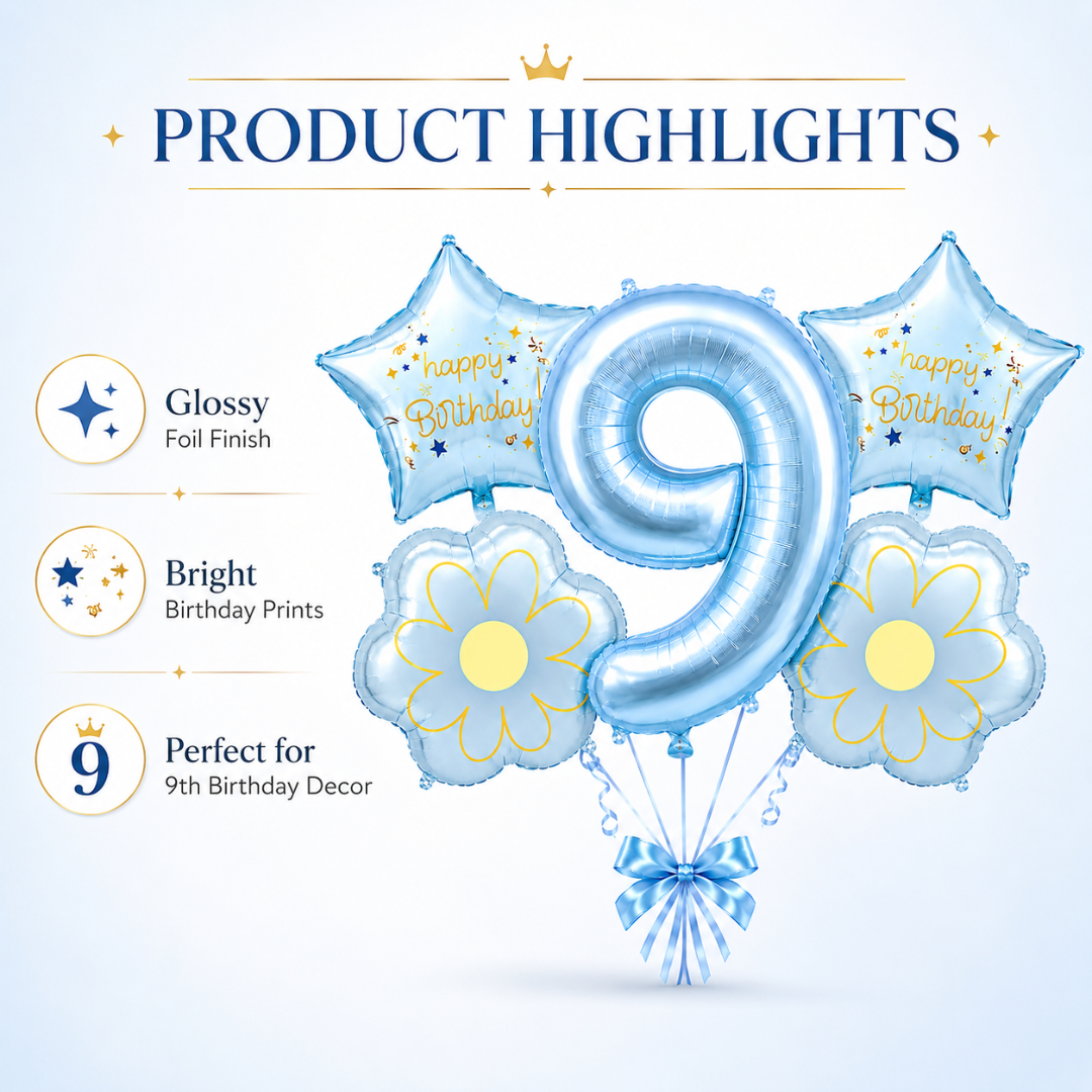 Blue Number 9 Foil Balloon Set - 5PC | Ninth Birthday Balloon with 2 Flower & 2 Star Balloons