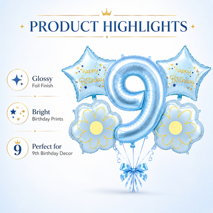 Blue Number 9 Foil Balloon Set - 5PC | Ninth Birthday Balloon with 2 Flower & 2 Star Balloons