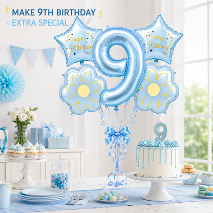 Blue Number 9 Foil Balloon Set - 5PC | Ninth Birthday Balloon with 2 Flower & 2 Star Balloons