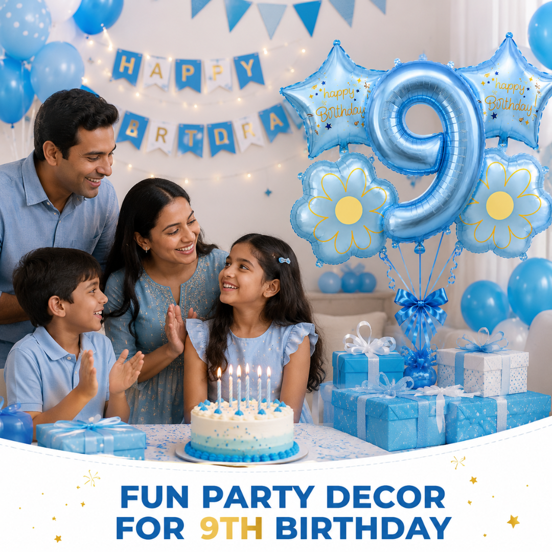 Blue Number 9 Foil Balloon Set - 5PC | Ninth Birthday Balloon with 2 Flower & 2 Star Balloons