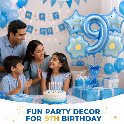 Blue Number 9 Foil Balloon Set - 5PC | Ninth Birthday Balloon with 2 Flower & 2 Star Balloons