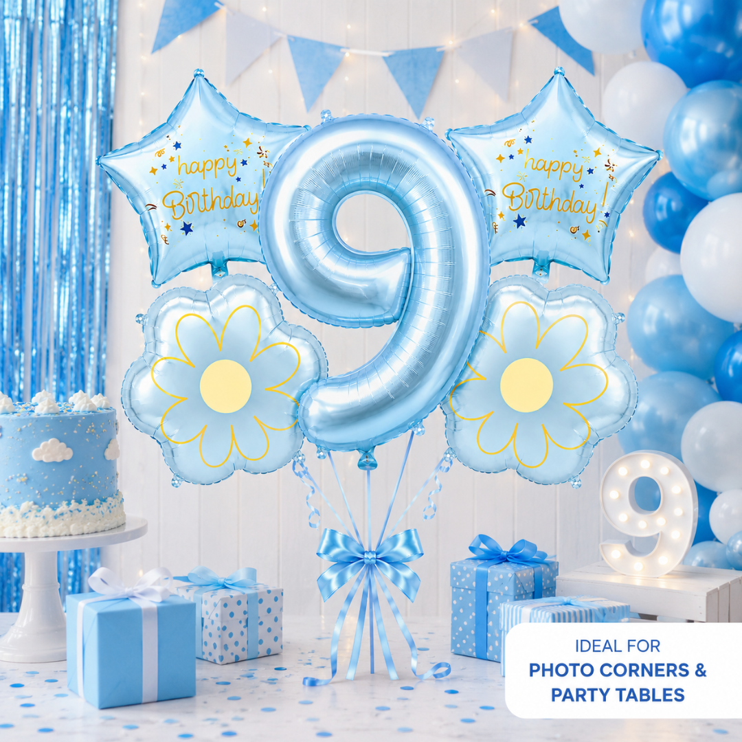 Blue Number 9 Foil Balloon Set - 5PC | Ninth Birthday Balloon with 2 Flower & 2 Star Balloons
