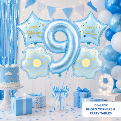 Blue Number 9 Foil Balloon Set - 5PC | Ninth Birthday Balloon with 2 Flower & 2 Star Balloons