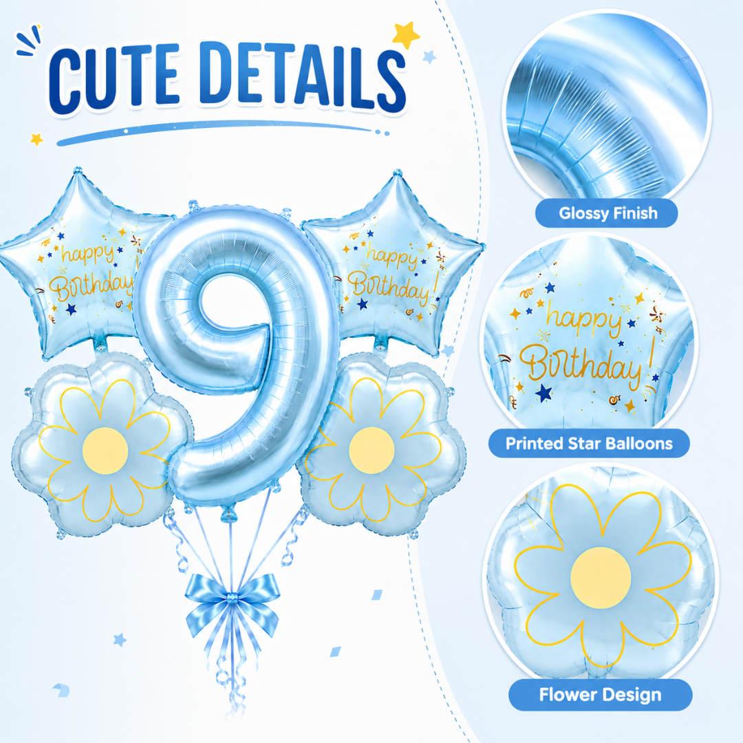 Blue Number 9 Foil Balloon Set - 5PC | Ninth Birthday Balloon with 2 Flower & 2 Star Balloons