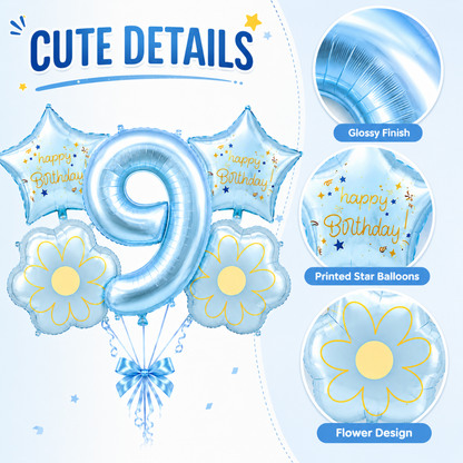 Blue Number 9 Foil Balloon Set - 5PC | Ninth Birthday Balloon with 2 Flower & 2 Star Balloons