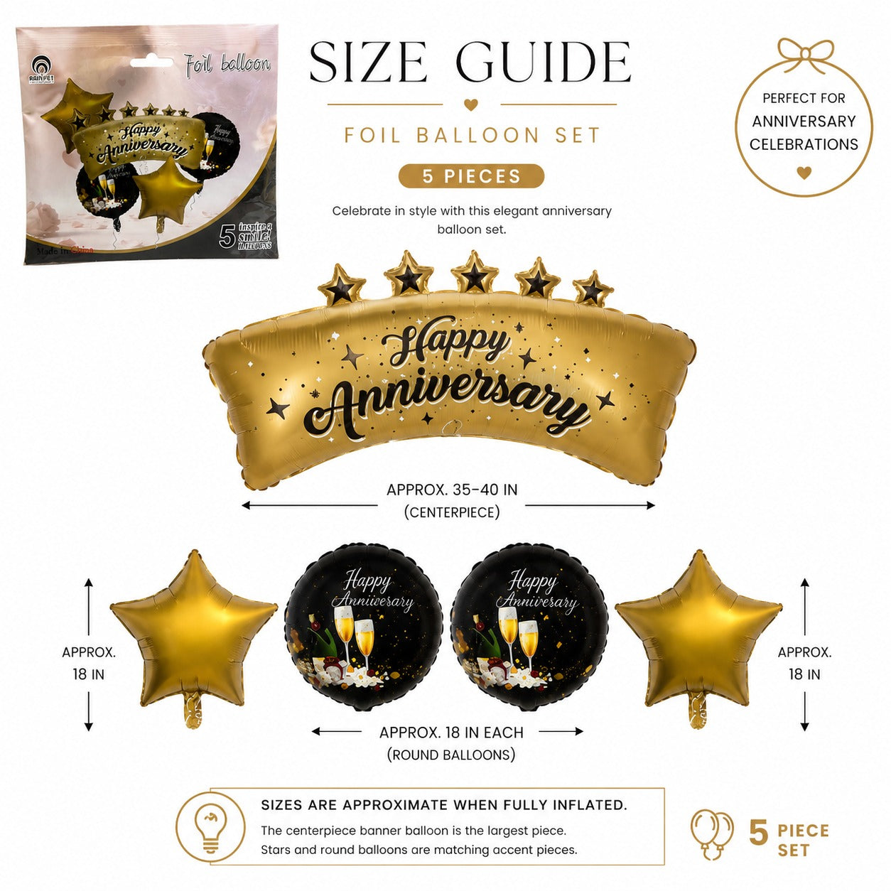 Happy Anniversary Black and Gold Balloon Set - 5PC