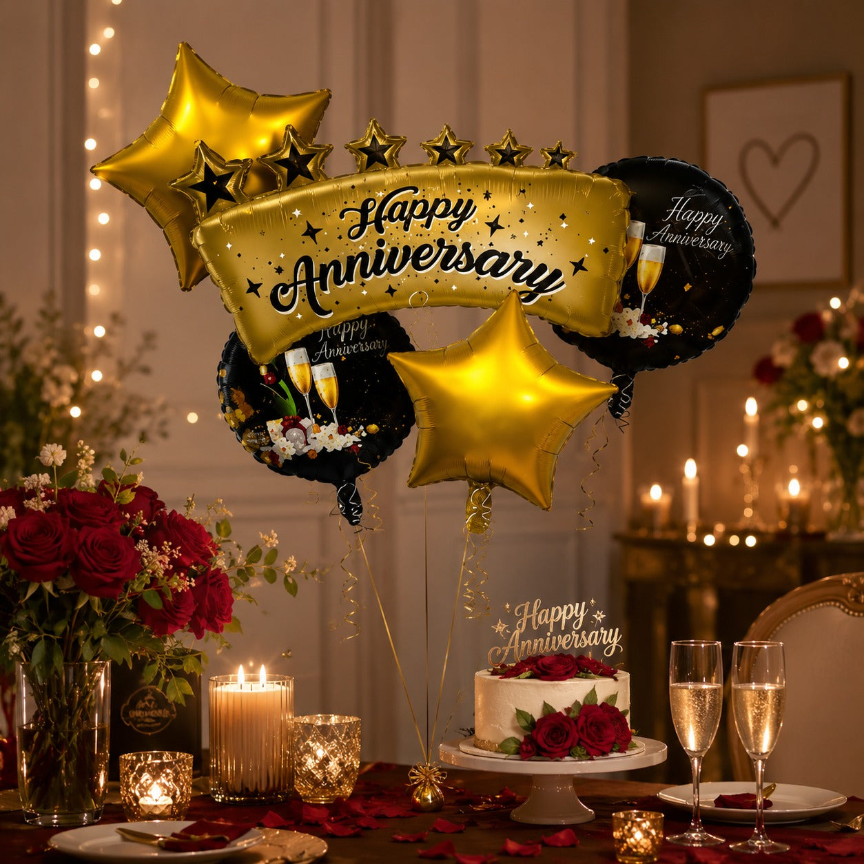 Happy Anniversary Black and Gold Balloon Set - 5PC
