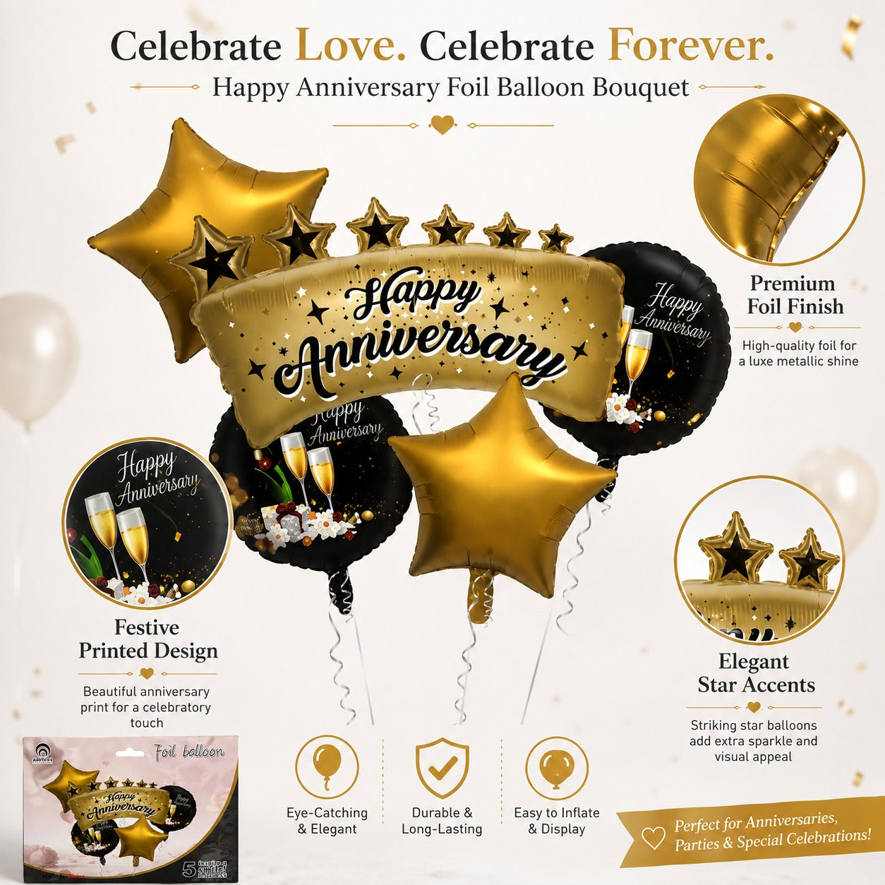 Happy Anniversary Black and Gold Balloon Set - 5PC