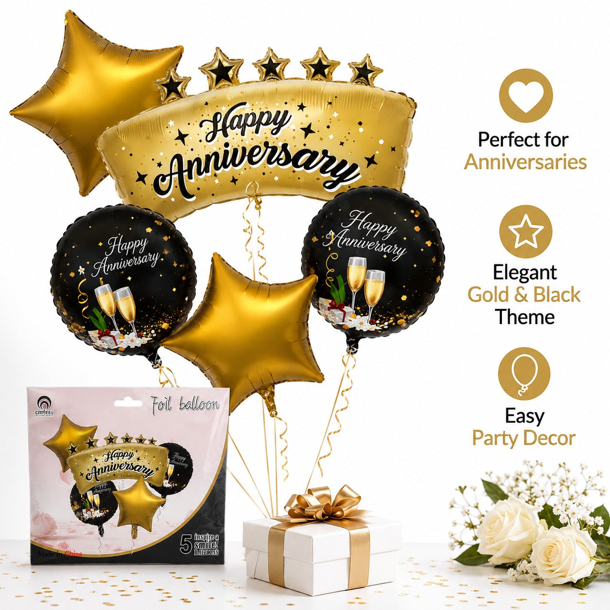 Happy Anniversary Black and Gold Balloon Set - 5PC