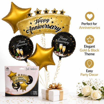 Happy Anniversary Black and Gold Balloon Set - 5PC