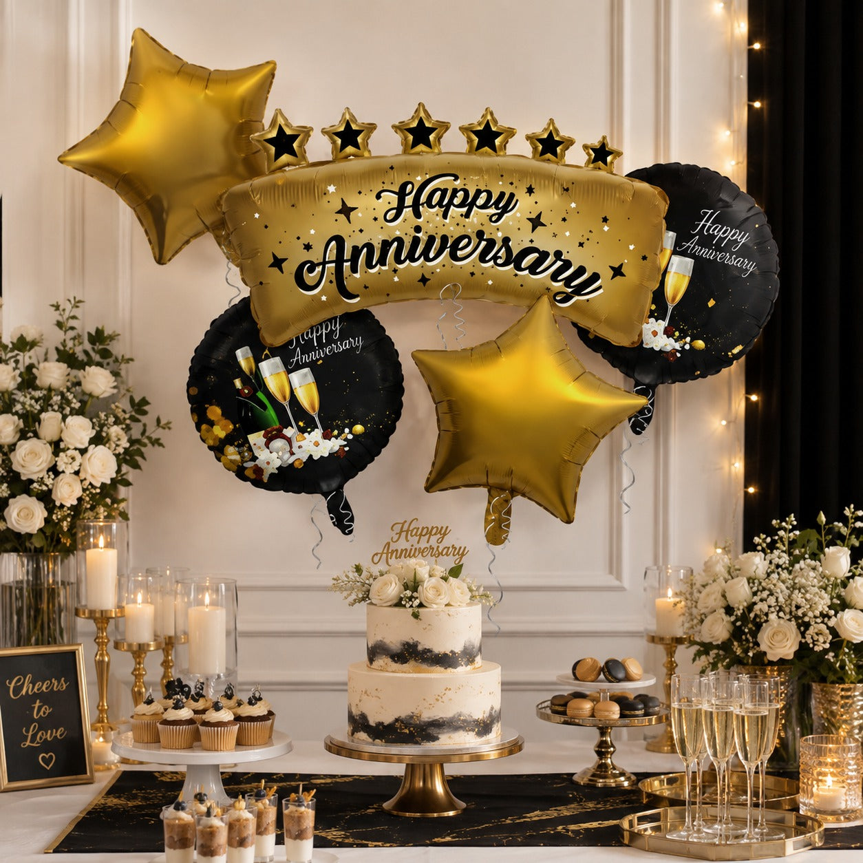Happy Anniversary Black and Gold Balloon Set - 5PC