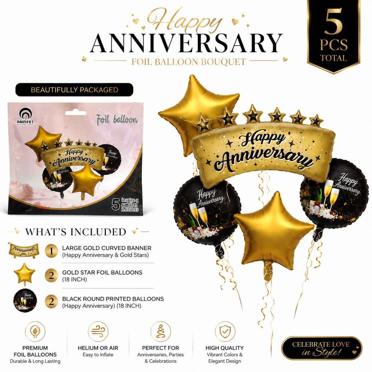 Happy Anniversary Black and Gold Balloon Set - 5PC