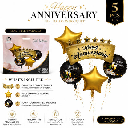 Happy Anniversary Black and Gold Balloon Set - 5PC