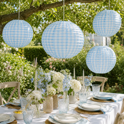 Blue Chequered Gingham Pattern Lanterns - 12 inches