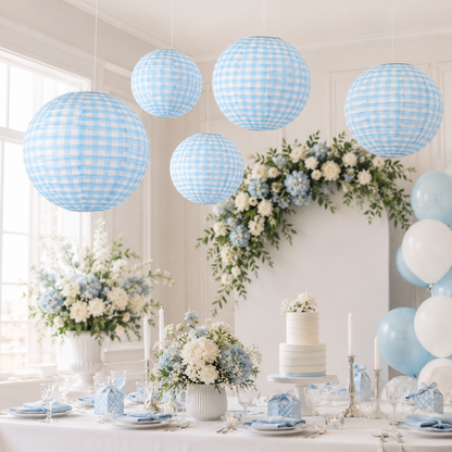 Blue Chequered Gingham Pattern Lanterns - 12 inches