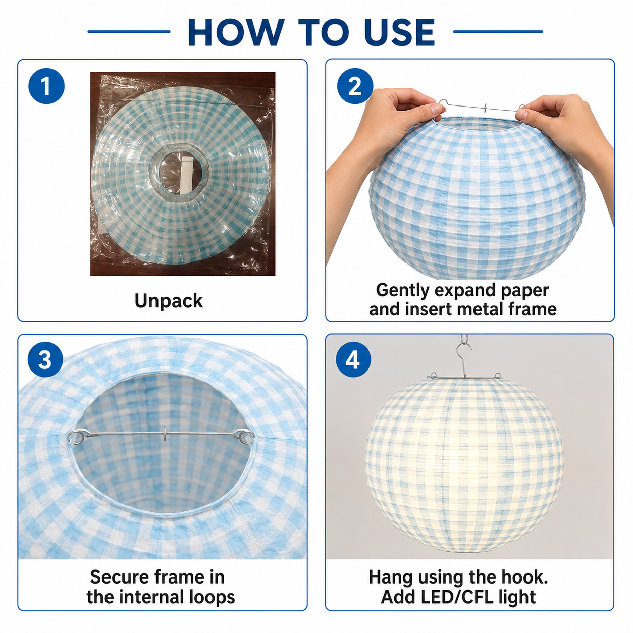 Blue Chequered Gingham Pattern Lanterns - 12 inches