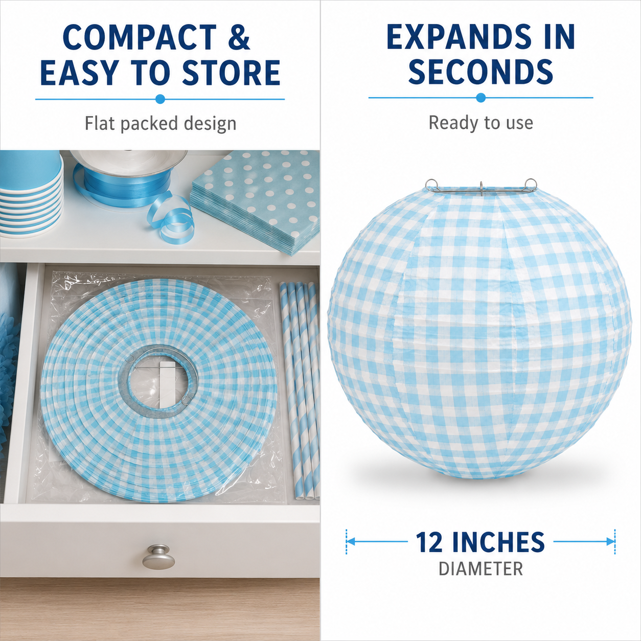 Blue Chequered Gingham Pattern Lanterns - 12 inches