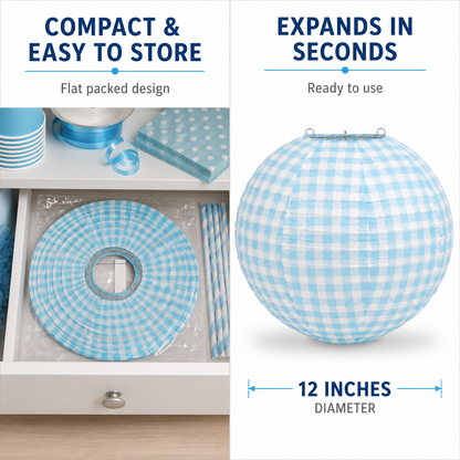 Blue Chequered Gingham Pattern Lanterns - 12 inches