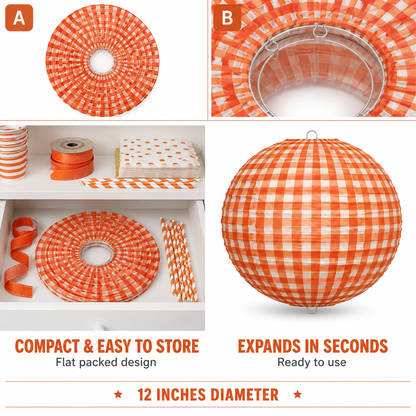 Red Chequered Gingham Pattern Lanterns - 12 inches