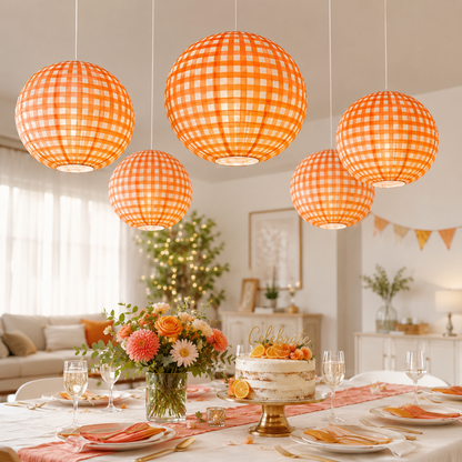 Red Chequered Gingham Pattern Lanterns - 12 inches