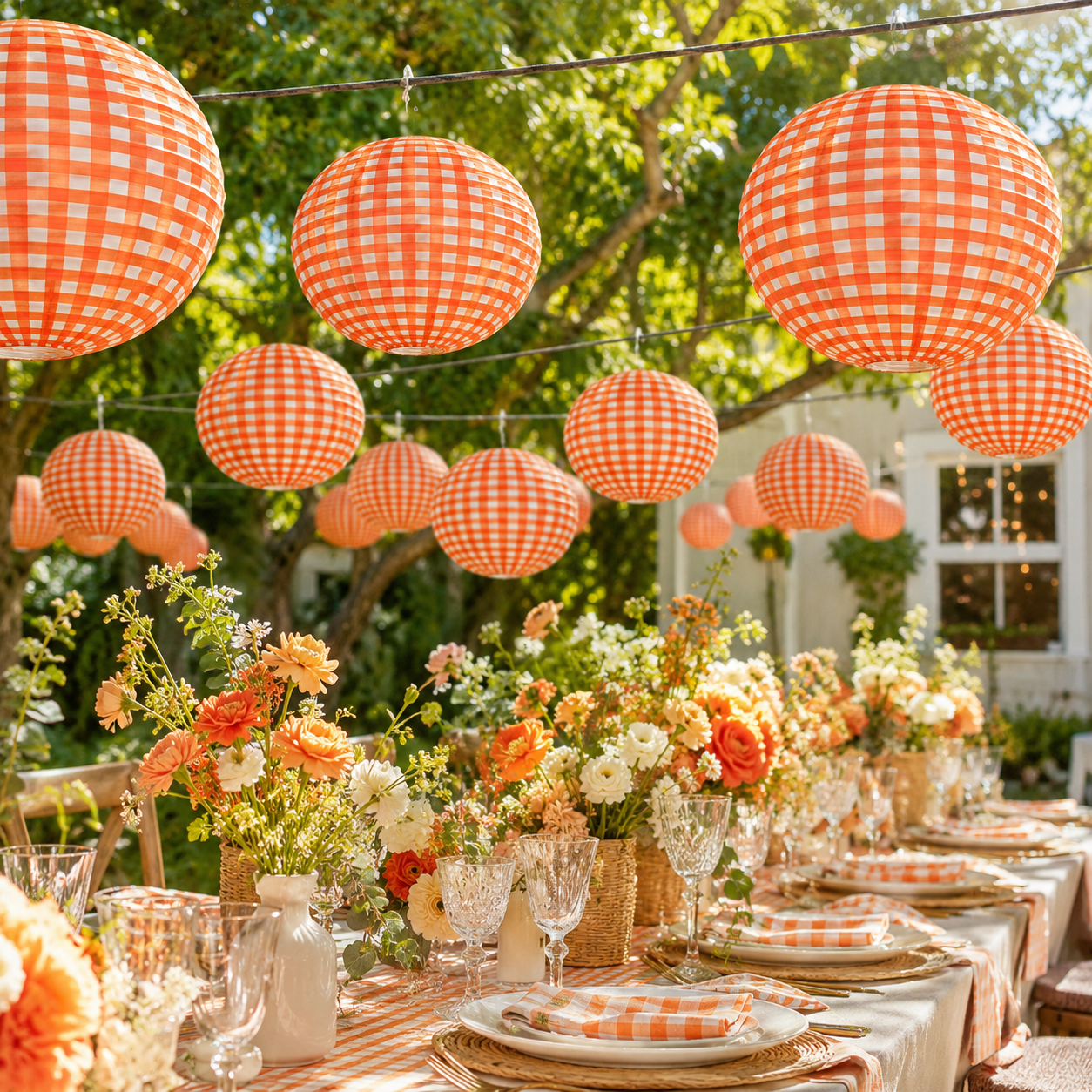 Red Chequered Gingham Pattern Lanterns - 12 inches
