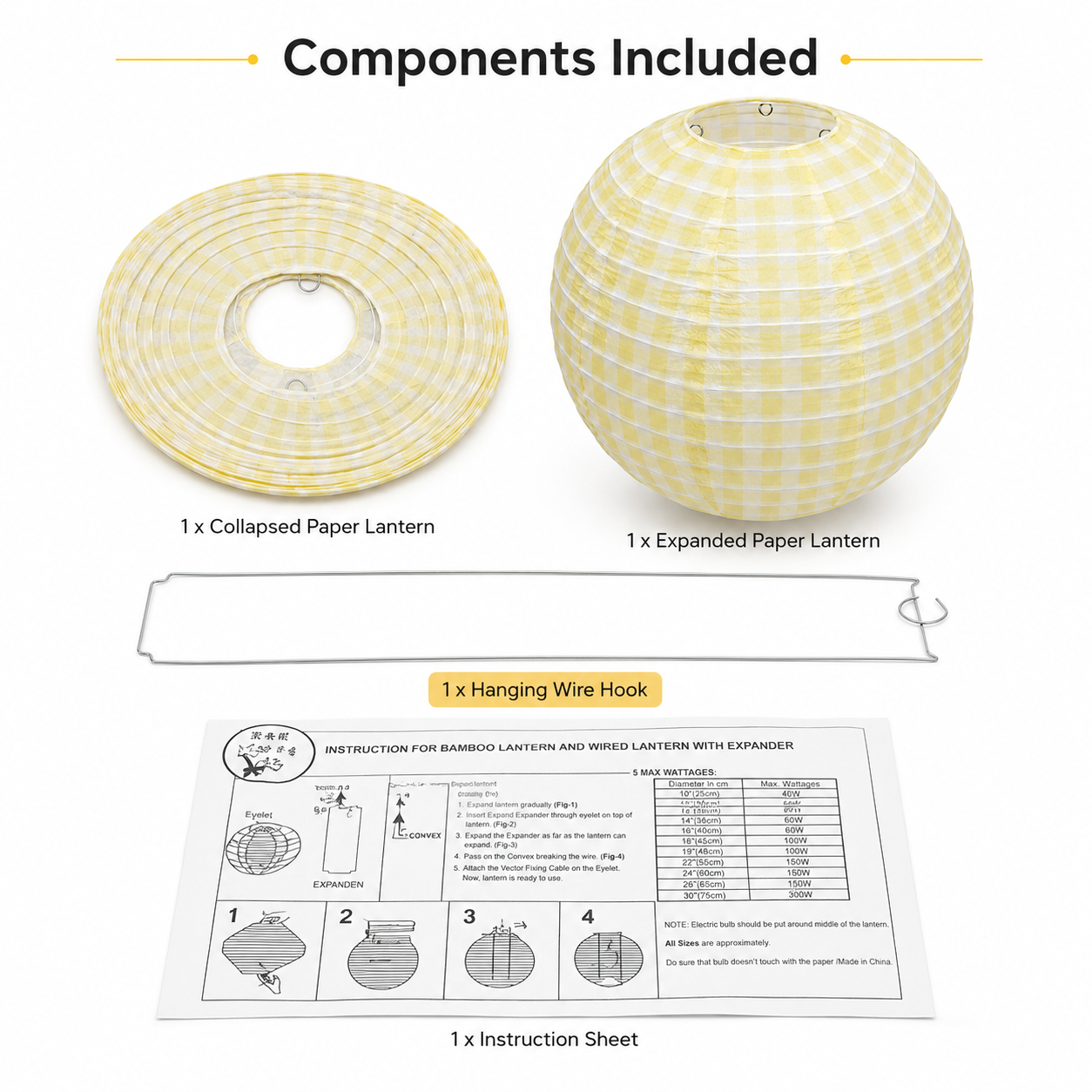 Yellow Chequered Gingham Pattern Lanterns - 12 inches