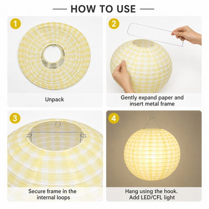 Yellow Chequered Gingham Pattern Lanterns - 12 inches