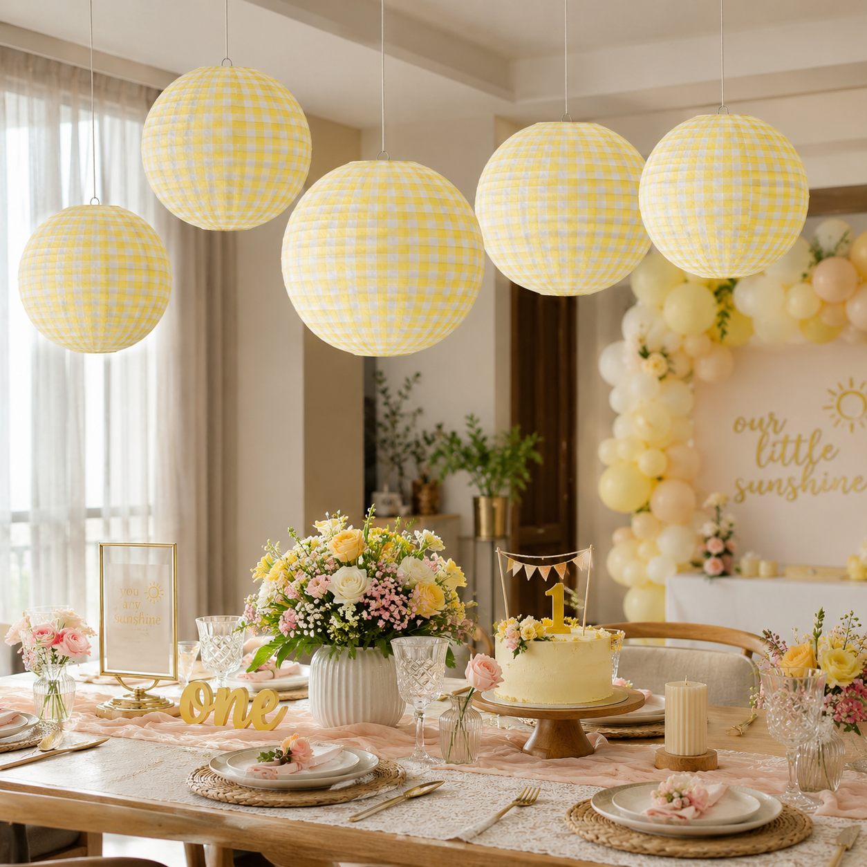 Yellow Chequered Gingham Pattern Lanterns - 12 inches