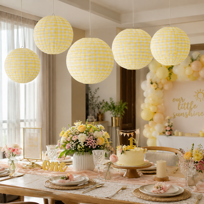 Yellow Chequered Gingham Pattern Lanterns - 12 inches