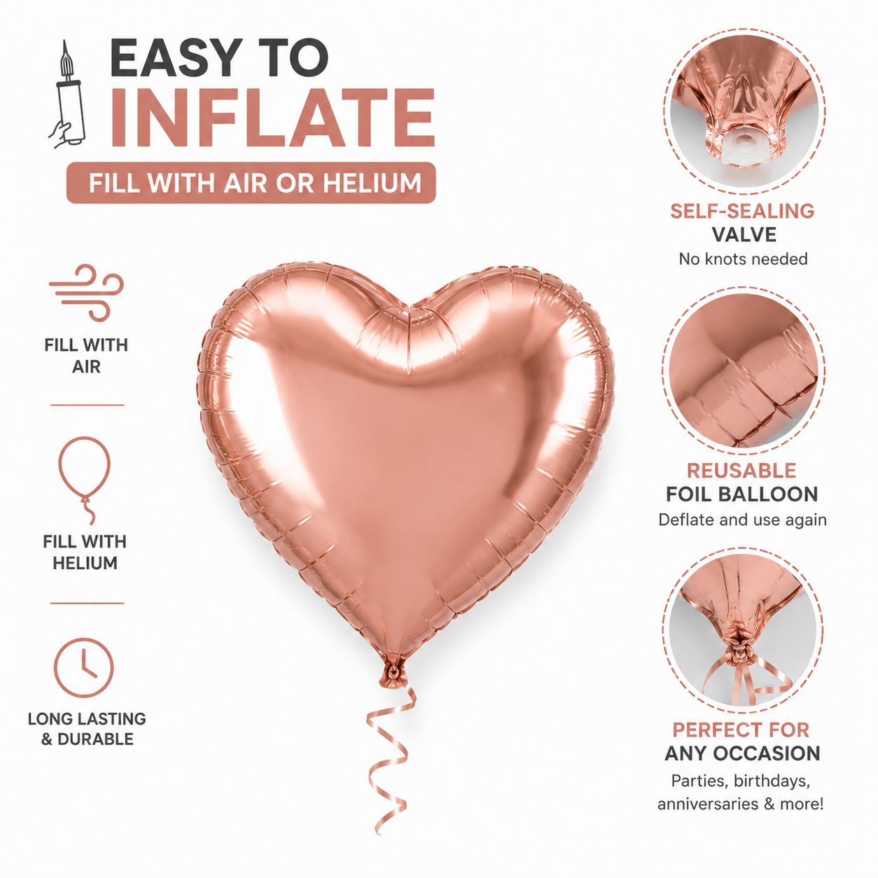 Rose Gold Heart Shaped Balloons 9 inches - 10PC
