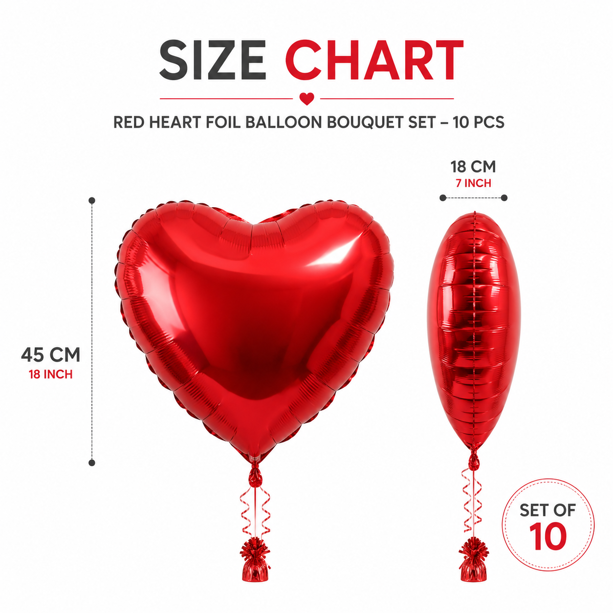 Red  Heart Shaped Helium Quality  Balloons - 10PC | 18 inches