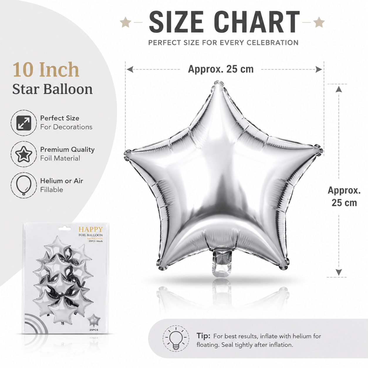 Star Shaped Silver Balloons 9 inches - 25PC